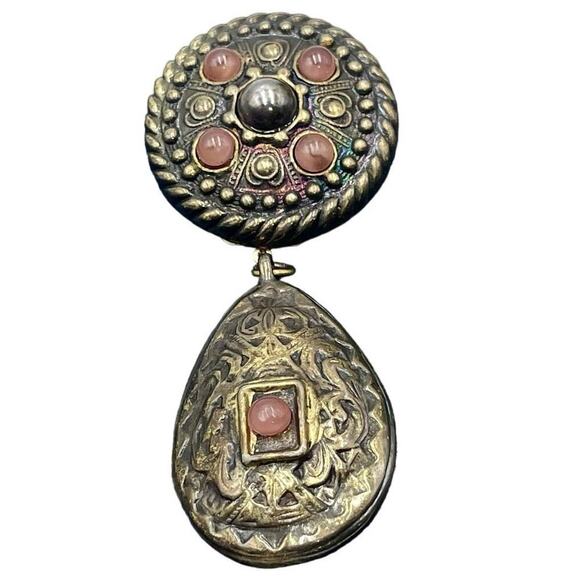 CHARLIE LAURE PARIS Vintage 4” Brass Articulated Dangle Repousse Orange Brooch - Picture 1 of 15